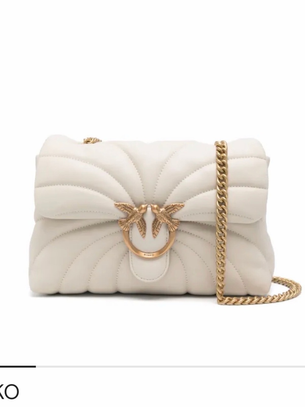 Pinko Ivory Quilted Leather Crossbody with Gold Bird Ring